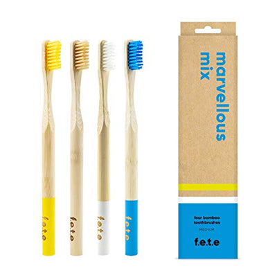 F.E.T.E Toothbrush MultiPack Medium Natural Yellow White Blue 4pieces
