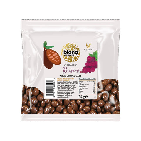 Biona Milk chocolate covered Raisins Organic 60g (Pack of 12)