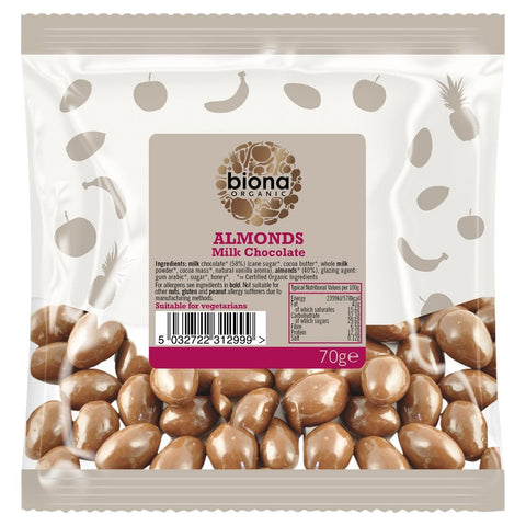 Biona Milk chocolate covered Almonds Organic 70g (Pack of 12)