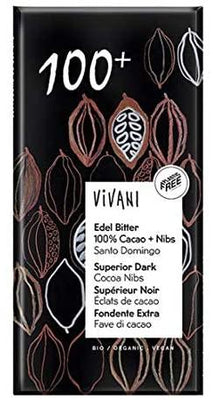 Vivani Superior Dark 100% Cocoa + Cocoa Nibs 80g (Pack of 10)