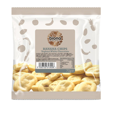Biona Yogurt/White Chocolate covered Banana Chips Organic 70g (Pack of 12)