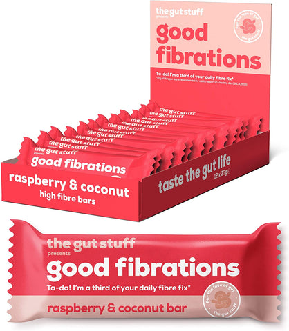The Gut Stuff Good Fibrations Rasberry & Coconut Bar 35g (Pack of 12)