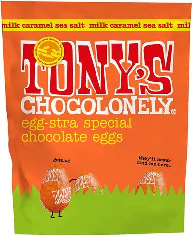 Tony'S Chocolonely Easter Eggs Milk Chocolate Caramel Sea Salt Pouch 180g (Pack of 8)