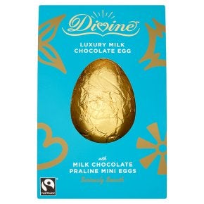 Divine Chocolate Fair Trade Luxury Milk Salted Caramel Egg with Milk Choc Mini Eggs 260g