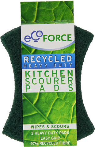 Pack of 3 x Green Ecoforce Recycled Heavy Duty Kitchen Scourer Pads