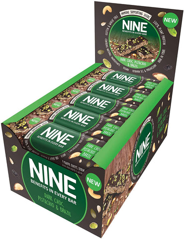 NINE Dark Chocolate, Pistachio & Brazil, 20 x 40g Bars, Great for On-The-Go Snacking (Pack of 20)