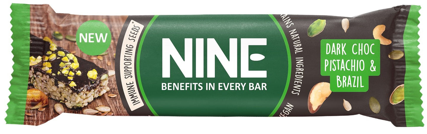 Nine Dark Choc Pistachio & Brazil bar 40g