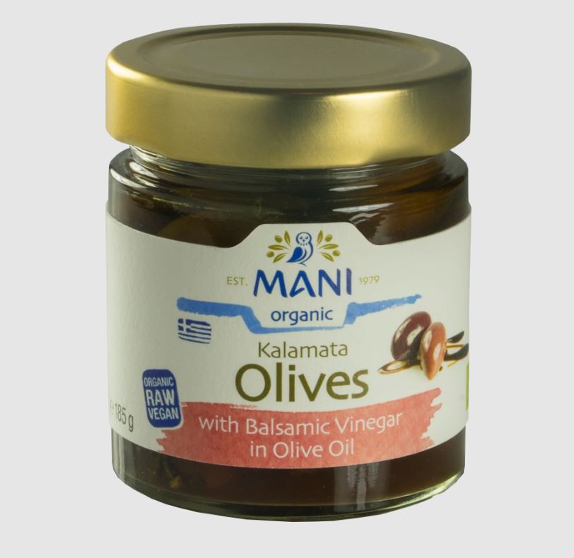 Mani Organic Kalamata Olives & Balsamic Vinegar in Olive Oil 185g