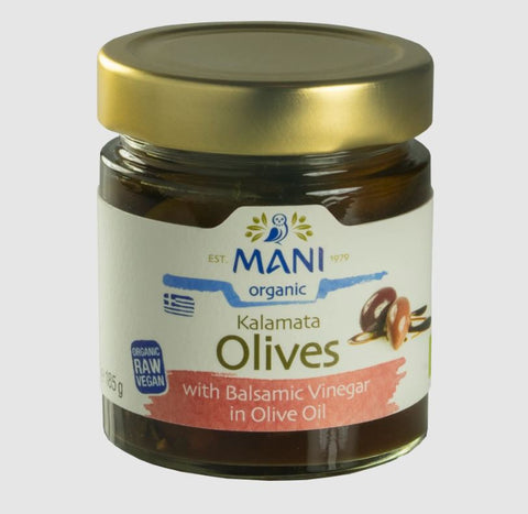 Mani Organic Kalamata Olives & Balsamic Vinegar in Olive Oil 185g