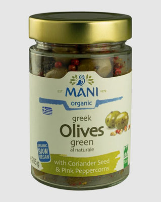 Mani Organic Green Olives al Naturale with Pink Peppercorns & Corriander 205g