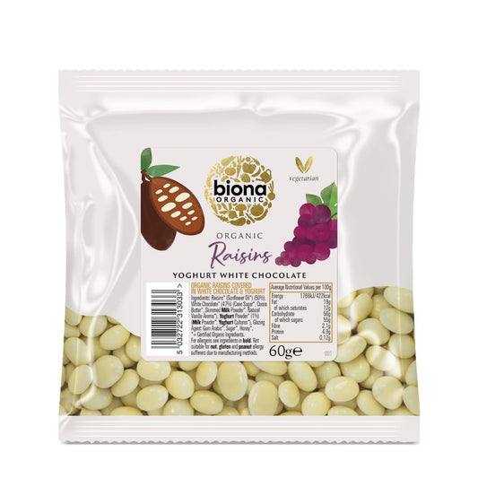 Biona Yogurt/White Chocolate covered Raisins Organic 60g (Pack of 12)