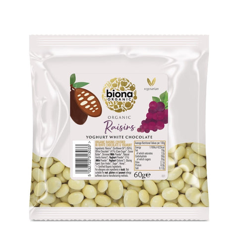Biona Yogurt/White Chocolate covered Raisins Organic 60g (Pack of 12)