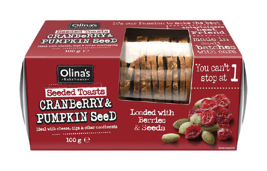 Olinas Bakehouse Seeded Toasts - Cranberry and Pumpkin Seed 100g (Pack of 12)