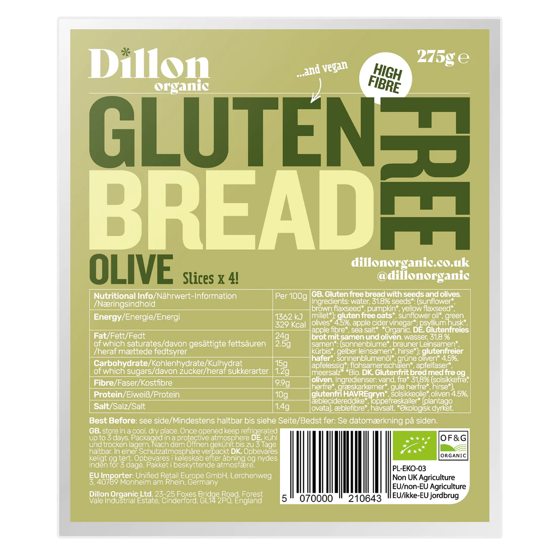 Dillon Organic Sliced Gluten Free Olive Bread 275g (Pack of 4)