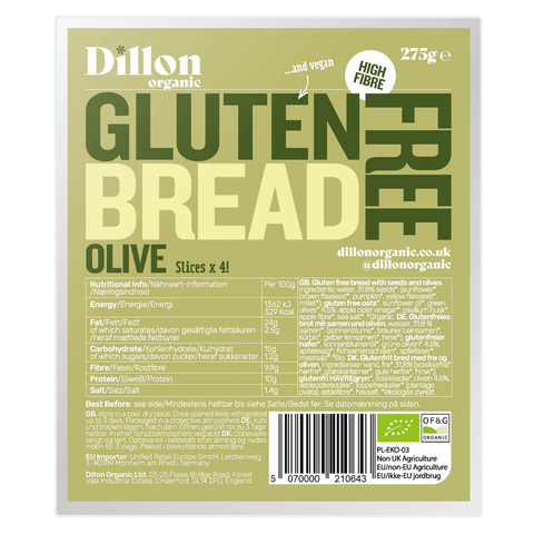 Dillon Organic Sliced Gluten Free Olive Bread 275g (Pack of 4)