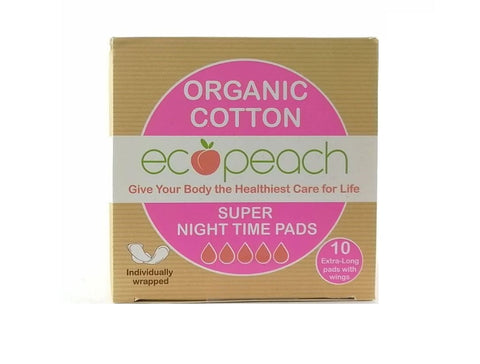 Ecopeach Organic Cotton Night Time Pads Super (10 pads) (Pack of 6)