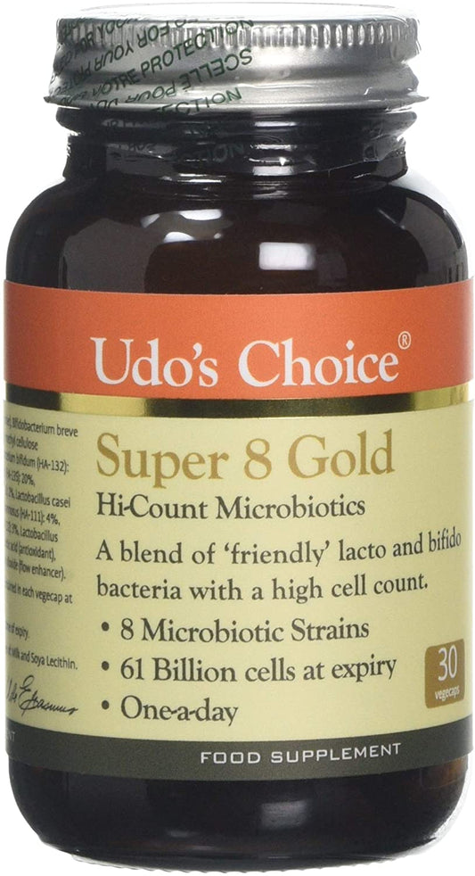 Udo's Choice Super 8 Gold Hi-Count Microbiotic - Lacto & Bilfido Probiotic - 30 Vegecaps