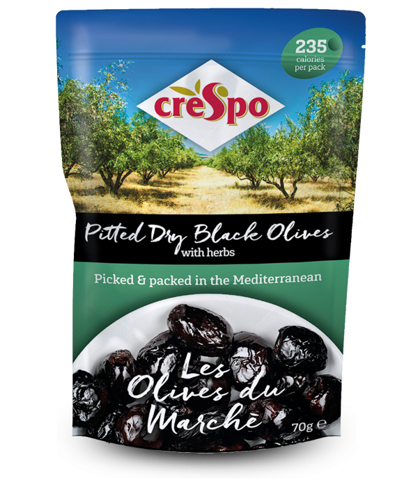 Crespo Pitted Dry Black Olives/Herbs 70g (Pack of 8)