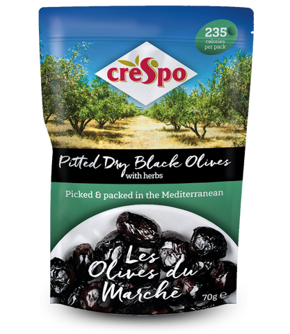 Crespo Pitted Dry Black Olives/Herbs 70g (Pack of 8)