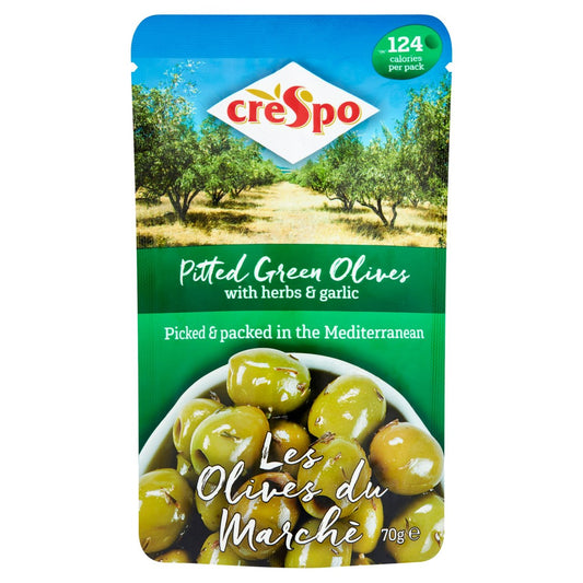 Crespo Pitted Green Olive Herb/Garlic 70g (Pack of 8)