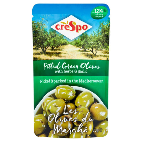 Crespo Pitted Green Olive Herb/Garlic 70g (Pack of 8)