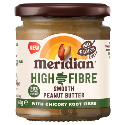Meridian High Fibre Smooth Peanut Butter with Chicory Root Fibre 160g (Pack of 6)