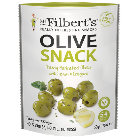 Mr Filberts Green Olives with Lemon & Oregano 50g (Pack of 12)