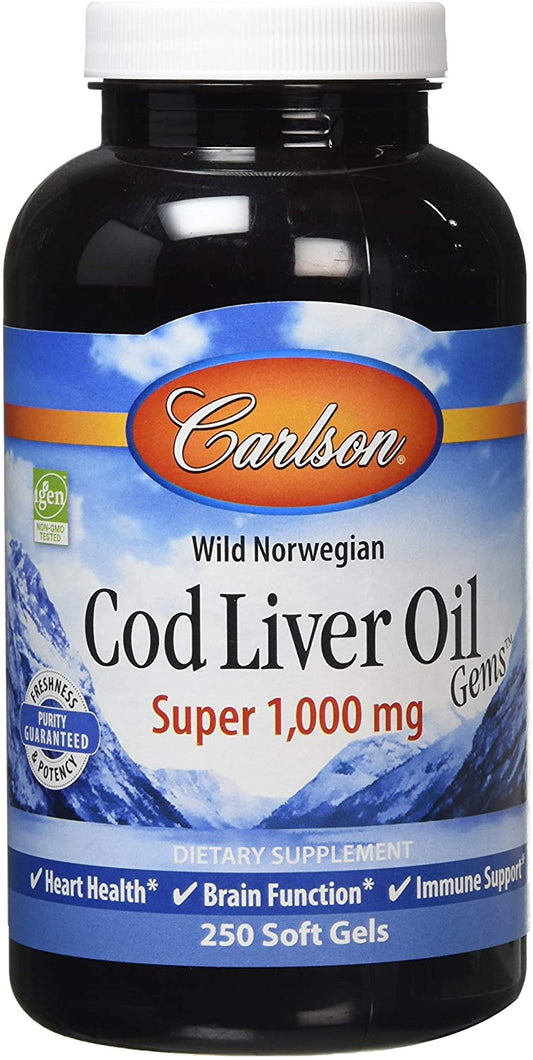 Carlson Labs Wild Norwegian Cod Liver Oil Gems, 1000mg - 250 softgels