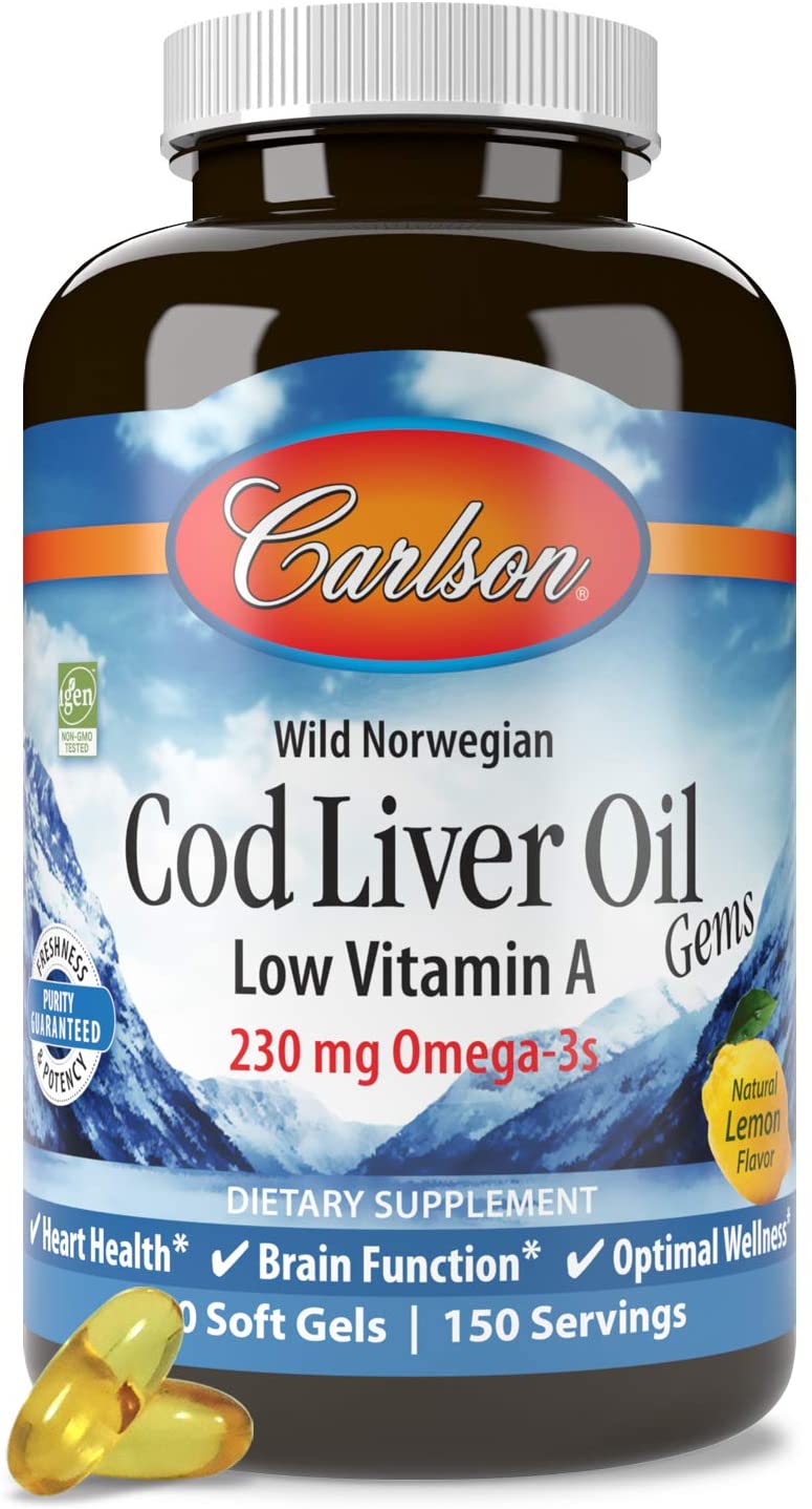Carlson Labs Cod Liver Oil Gems Low Vitamin A, 230mg Lemon - 150 softgels