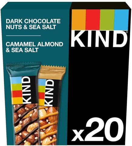 Kind Snacks Variety Pack Nut Bars, 10 x Dark Choc Nuts & Sea Salt & 10 x Caramel Almond & Sea Salt