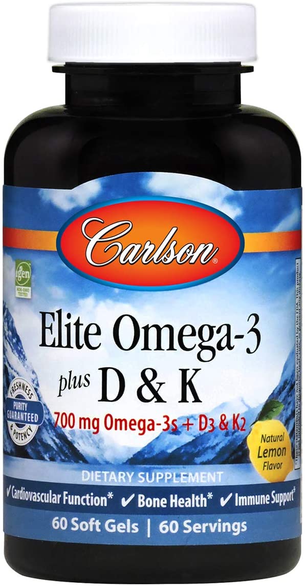 Carlson Labs Elite Omega-3 + D & K, 700mg Natural Lemon - 60 softgels