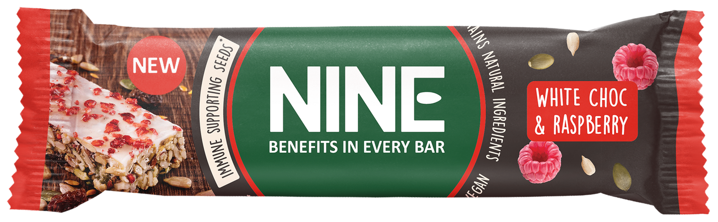 NINE   White Choc & Raspberry Seed Bar 40g (Pack of 20)